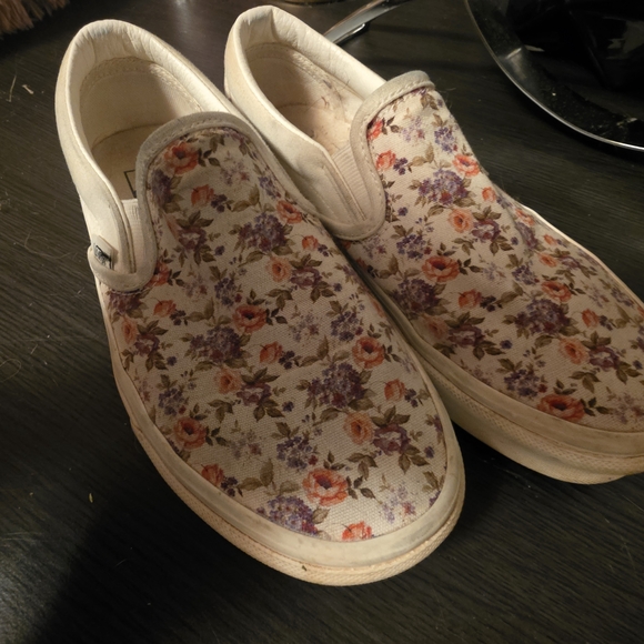 Vans Shoes - Vans Floral Slip-On Sneakers in Cream with Pink & Purple Flowers
